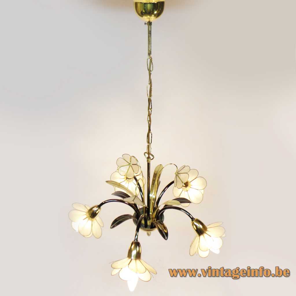 1980s Capiz flowers chandelier curved rods metal leaves 5 shell lampshades 1990s Massive Belgium E14 sockets