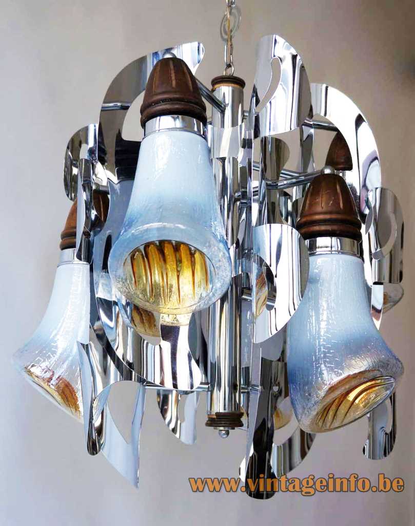 AV Mazzega horn chandelier chrome slats Murano glass trumpet lampshades 1960s design: Gianni Bruno Mazzega Italy