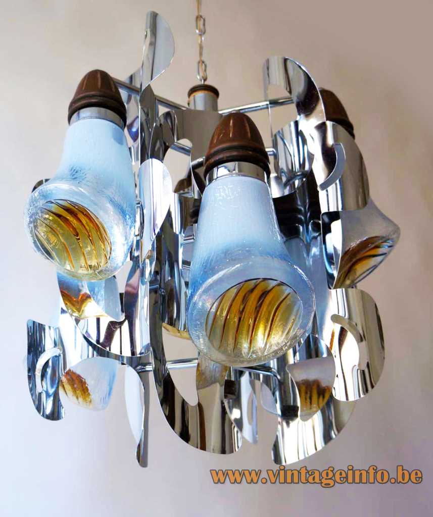 AV Mazzega horn chandelier chrome slats Murano glass trumpet lampshades 1960s design: Gianni Bruno Mazzega Italy