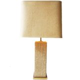 Camille Breesch sandstone table lamp square brass base & beam square fabric lampshade 1970s Belgium E27 socket