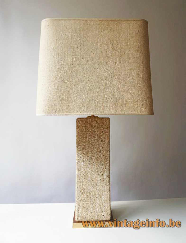 Camille Breesch sandstone table lamp square brass base & beam square fabric lampshade 1970s Belgium E27 socket