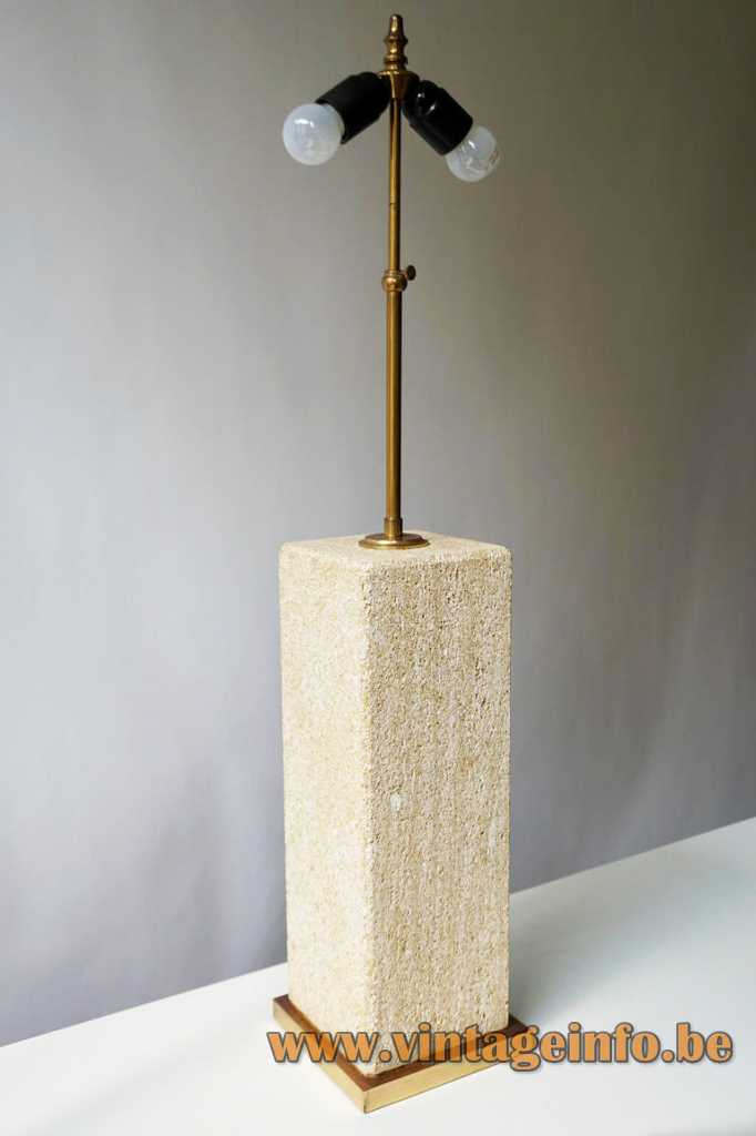 Camille Breesch sandstone table lamp square brass base & beam square fabric lampshade 1970s Belgium E27 socket