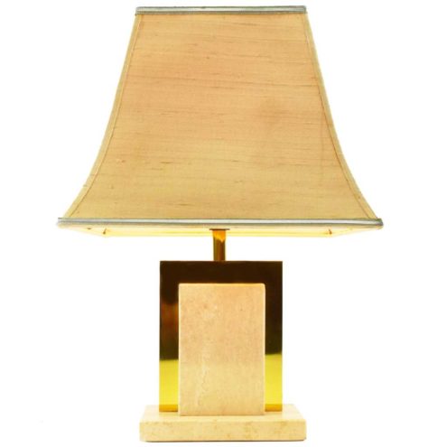 Camille Breesch travertine bedside table lamp rectangular limestone base brass decoration pagoda lampshade 1970s 1980s Belgium