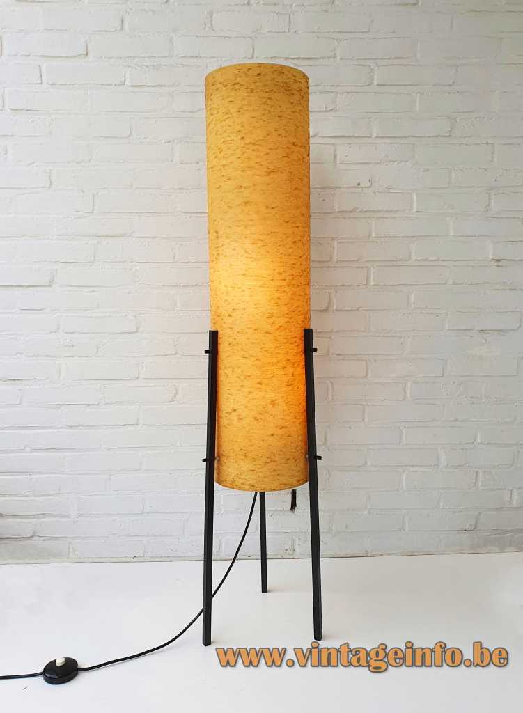 Dame & Co rocket floor lamp tripod base yellow tubular fibreglass lampshade 1960s Germany 3 E27 sockets