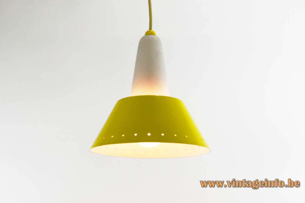 ERCO conical pendant lamp round yellow lampshade frosted opal cone diffuser 1950s 1960s Germany E27 socket