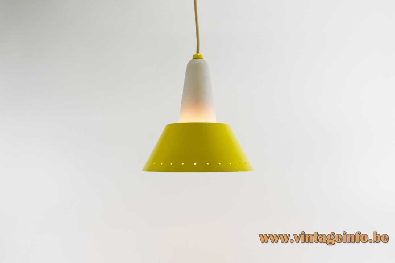 ERCO conical pendant lamp round yellow lampshade frosted opal cone diffuser 1950s 1960s Germany E27 socket