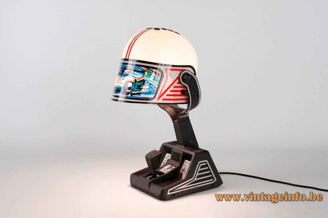 Fase Formula 1 table lamp black plastic base white & red acrylic helmet lampshade 1980s Madrid Spain