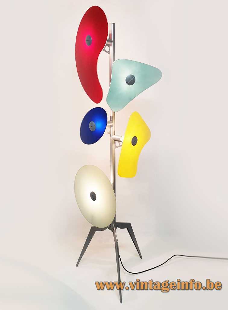 Foscarini Orbital floor lamp 1992 design: Ferruccio Laviani tripod base 5 colourfull lampshades 1990s 2000s Italy