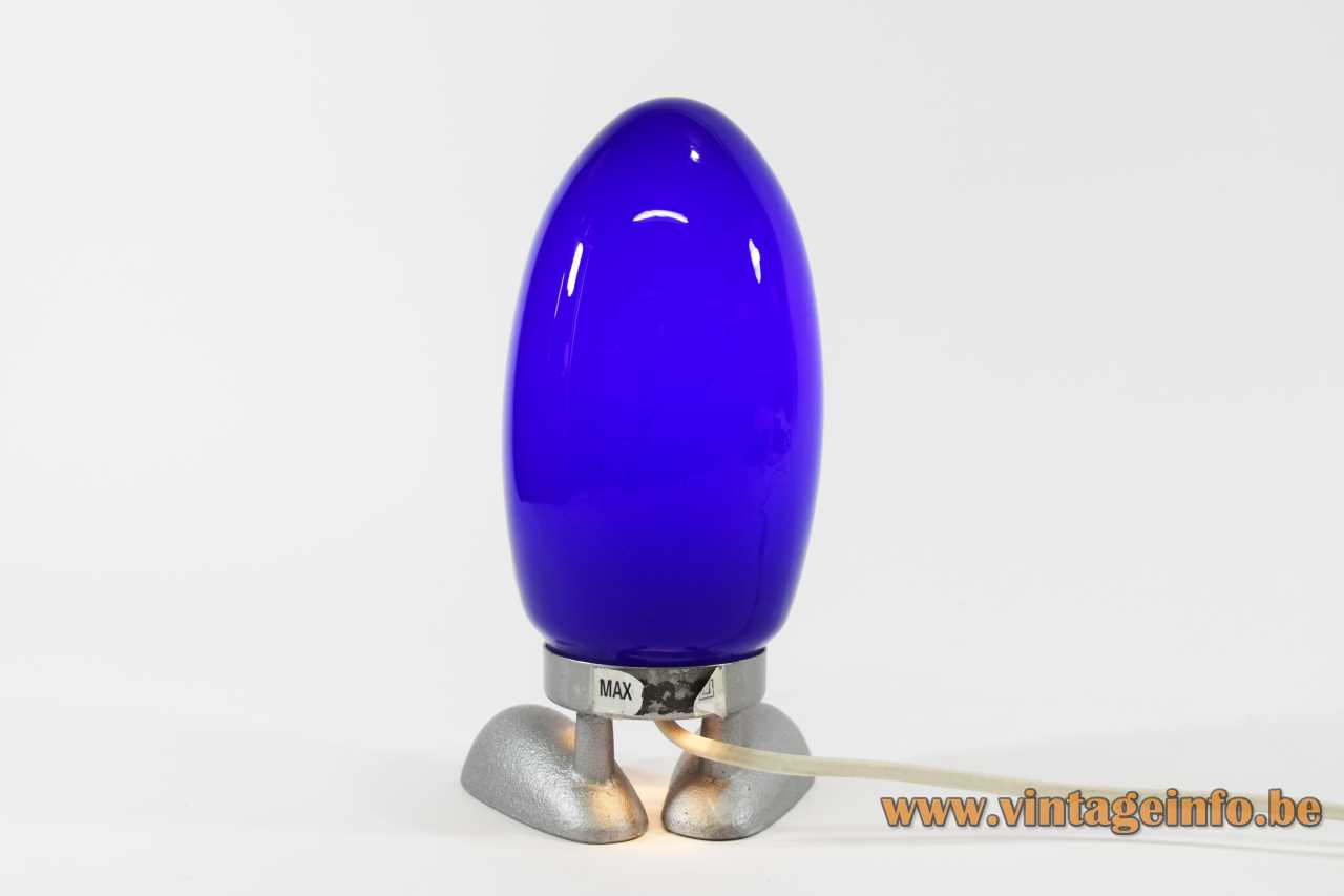 IKEA Fjorton table lamp cast iron base hand blown blue opal oval globe lampshade 2000s Sweden 