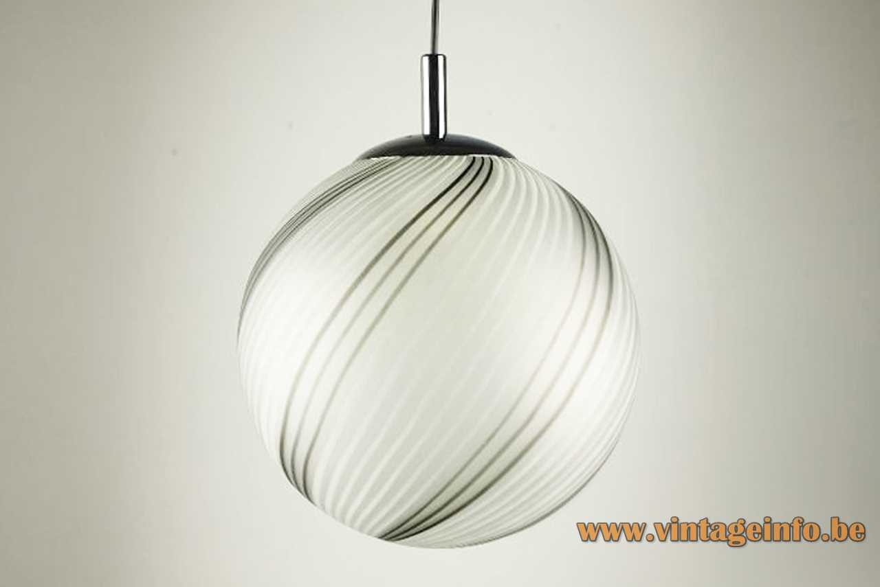 La Murrina globe pendant lamp black & white swirl striped hand blown Murano glass sphere lampshade 1970s 