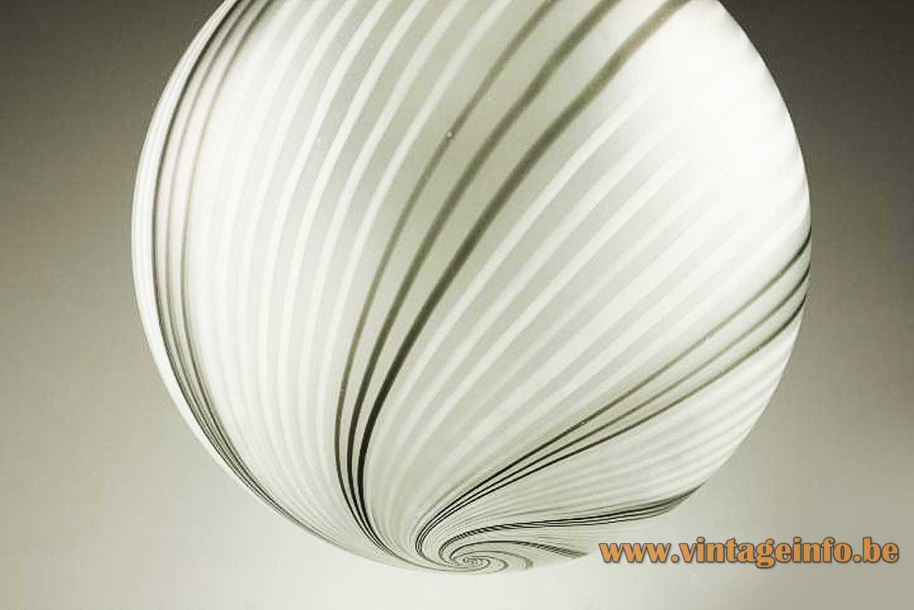 La Murrina globe pendant lamp black & white swirl striped hand blown Murano glass sphere lampshade 1970s 