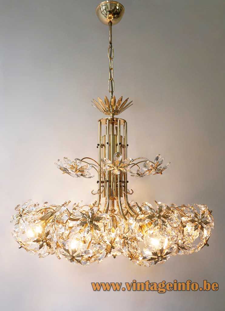 Palwa crystal beads chandelier gilt metal frame glass flower pearls round lampshade 1970s 1980s Germany