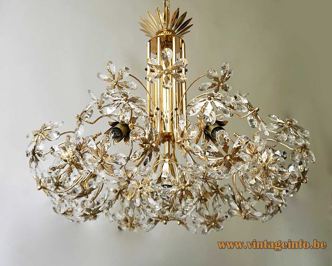 Palwa crystal beads chandelier gilt metal frame glass flower pearls round lampshade 1970s 1980s Germany