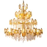 Palwa oval rings & crystal beads chandelier gilt metal frame round circles lampshade 1970s 1980s Germany