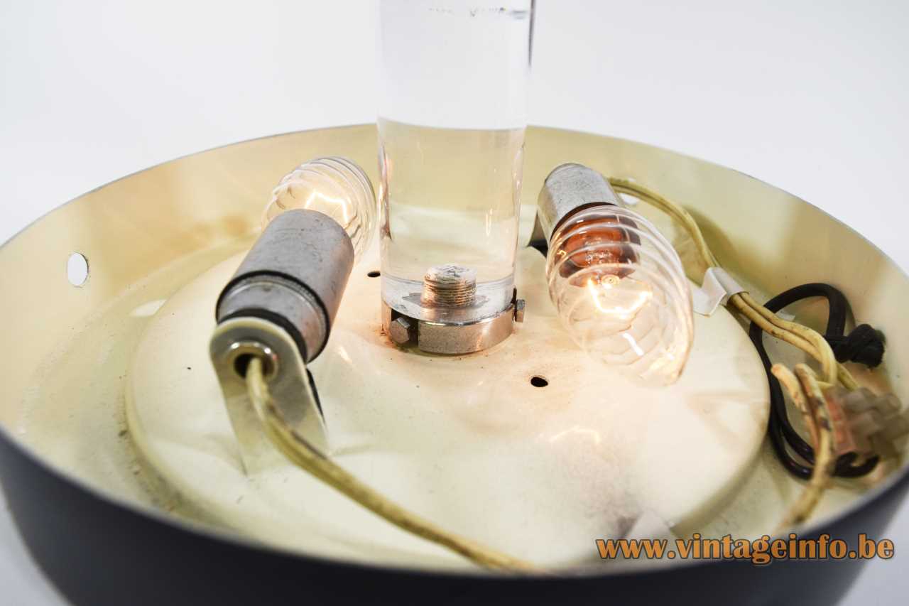 Plexiglass rod floor lamp round black base 2 E14 sockets clear acrylic lampshade 1960s 1970s Italy