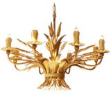 Sheaf of wheat toleware chandelier gold painted curved rods corn leaves lampshade 8 candlesticks 1970s 1980s