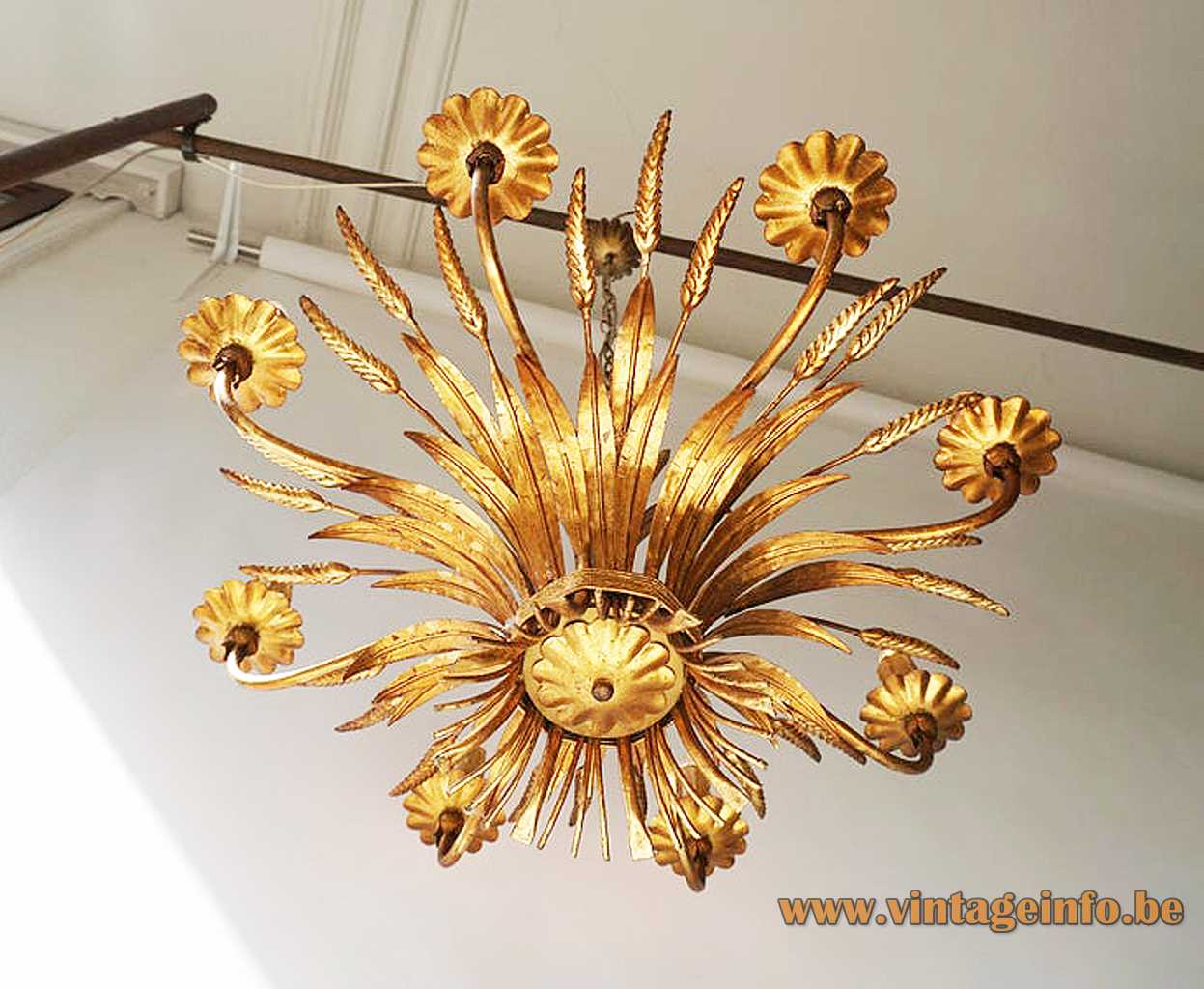 Sheaf of wheat toleware chandelier gold painted curved rods corn leaves lampshade 8 candlesticks 1970s 1980s