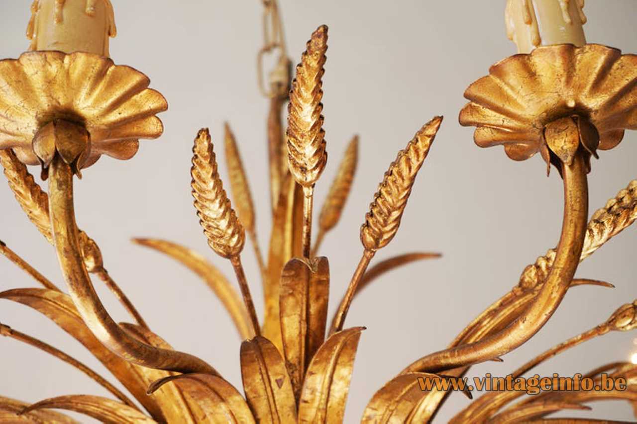 Sheaf of wheat toleware chandelier gold painted curved rods corn leaves lampshade 8 candlesticks 1970s 1980s