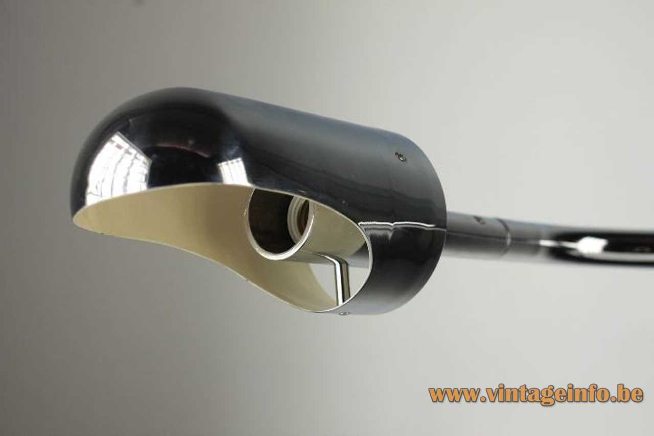Stoa clamp desk lamp design: Lluís Porqueras round base adjustable chrome rod tubular lampshade 1970s Spain