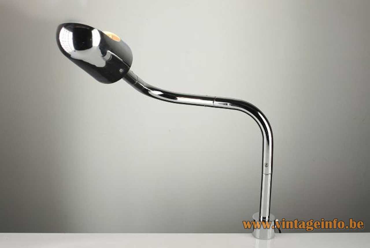 Stoa clamp desk lamp design: Lluís Porqueras round base adjustable chrome rod tubular lampshade 1970s Spain