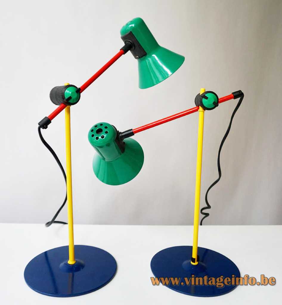 Veneta Lumi desk lamp round & flat blue base yellow red rod conical green lampshade 1990s Italy