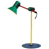 Veneta Lumi desk lamp round & flat blue base yellow red rod conical green lampshade 1990s Italy
