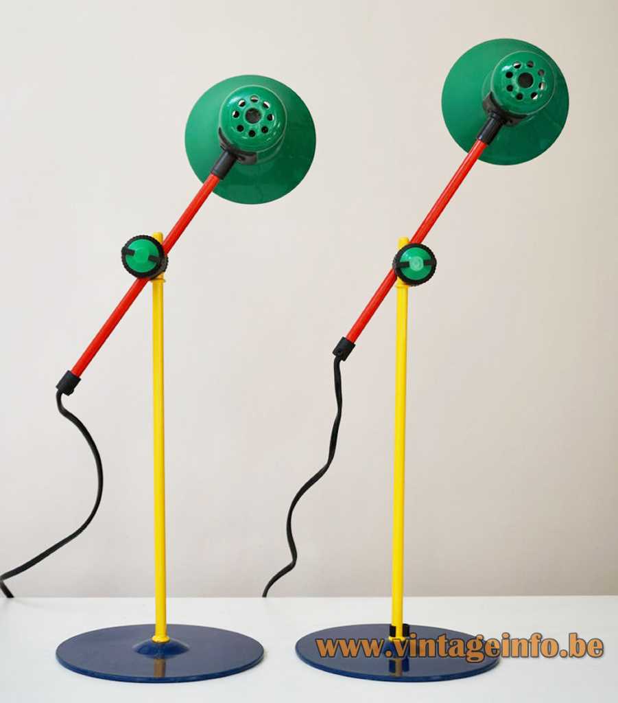 Veneta Lumi desk lamp round & flat blue base yellow red rod conical green lampshade 1990s Italy