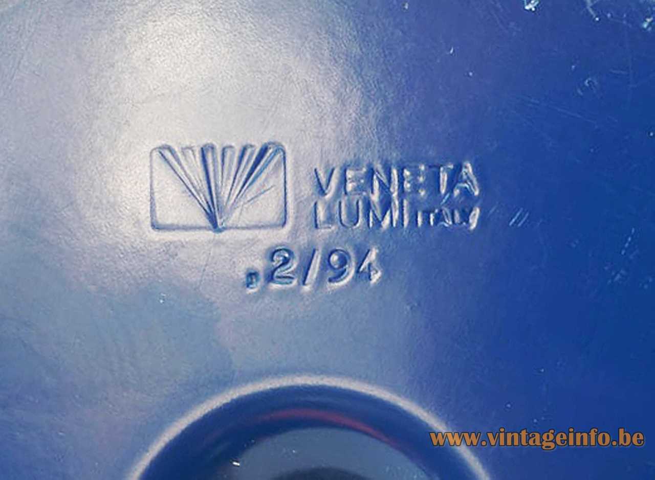 Veneta Lumi desk lamp blue bottom base label & logo stamp February 1994 1990s Italy