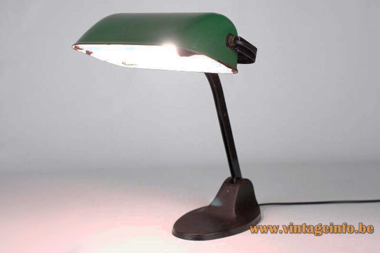 Viktoria bankers desk lamp oval cast iron base elongated green metal lampshade 1920s 1930s Germany