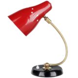 1960s Erpé desk lamp round black aluminium base curved brass rod red metal lampshade 1950s Belgium