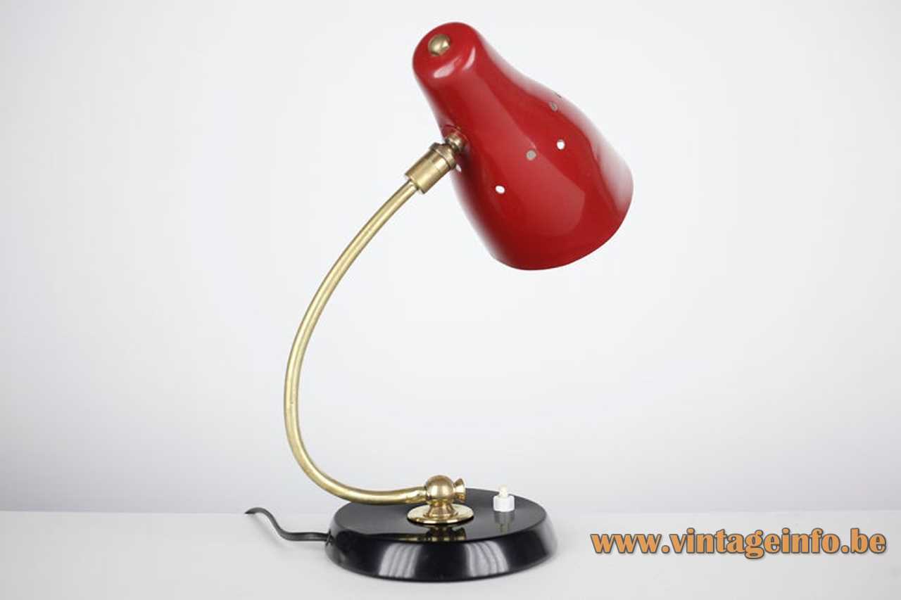 1960s Erpé desk lamp round black aluminium base curved brass rod red metal lampshade 1950s Belgium