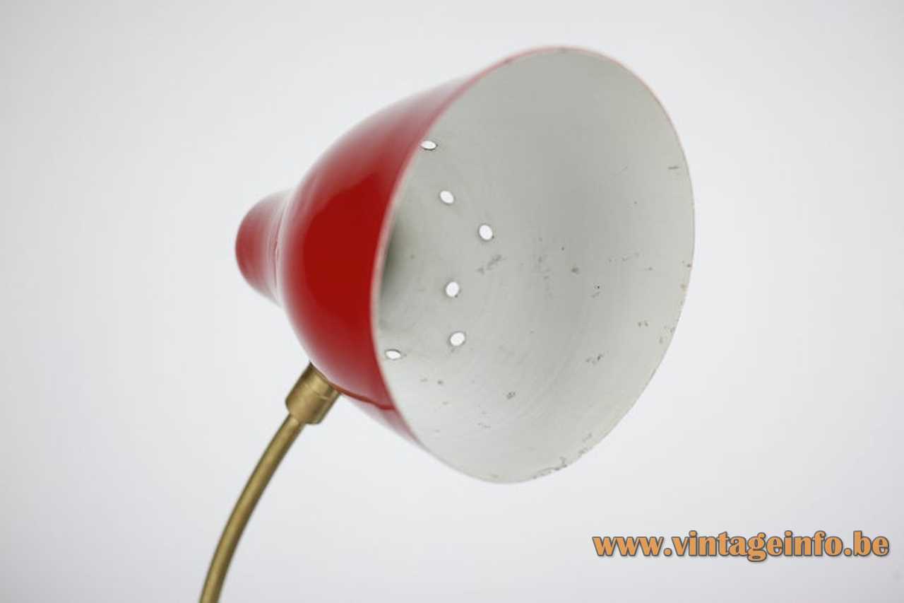1960s Erpé desk lamp round black aluminium base curved brass rod red metal lampshade 1950s Belgium