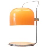 1960s Harvey Guzzini table lamp design: Luigi Massoni round chrome base yellow-brown acrylic lampshade 1970s Italy