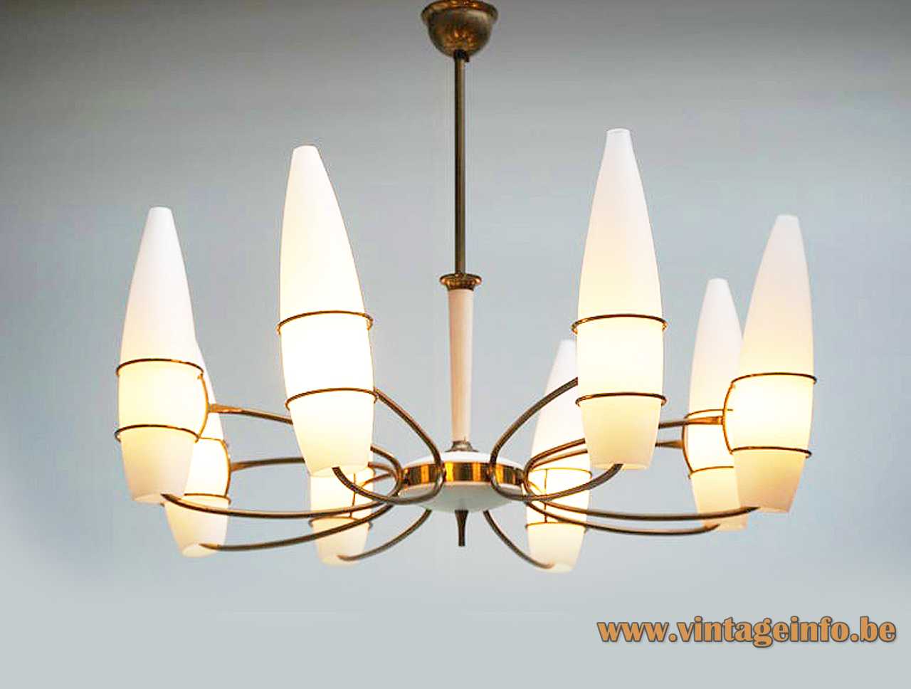 1960s opal cones chandelier curved brass rods white frosted glass lampshades 1950s Massive Belgium E14 sockets