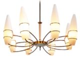 1960s opal cones chandelier curved brass rods white frosted glass lampshades 1950s Massive Belgium E14 sockets