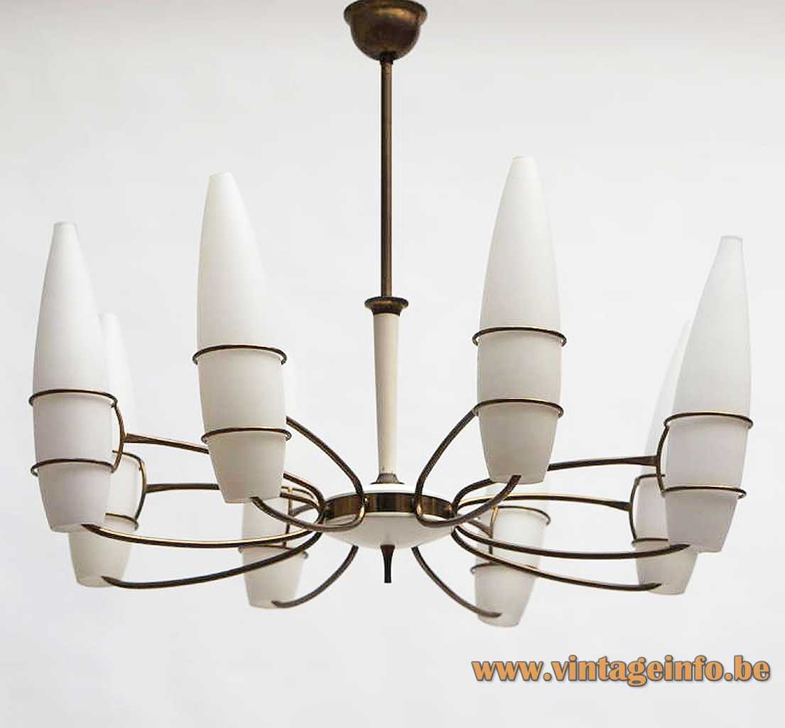 1960s opal cones chandelier curved brass rods white frosted glass lampshades 1950s Massive Belgium E14 sockets