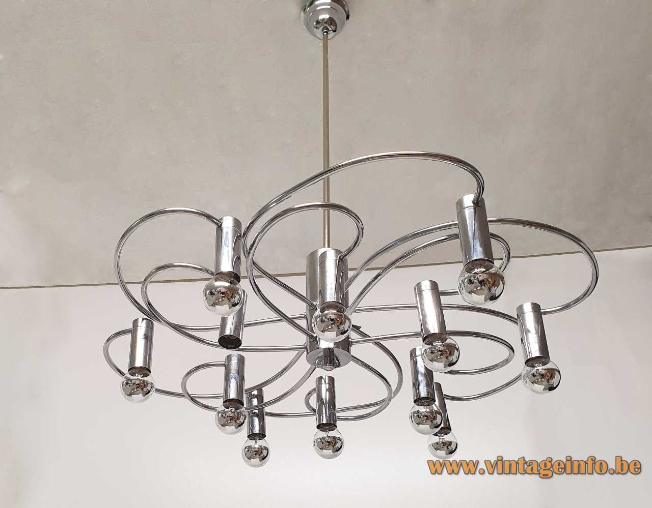 1970s chrome Cosack chandelier curved rods & tubes 12 light bulbs Neheim-Hüsten Germany Gecos