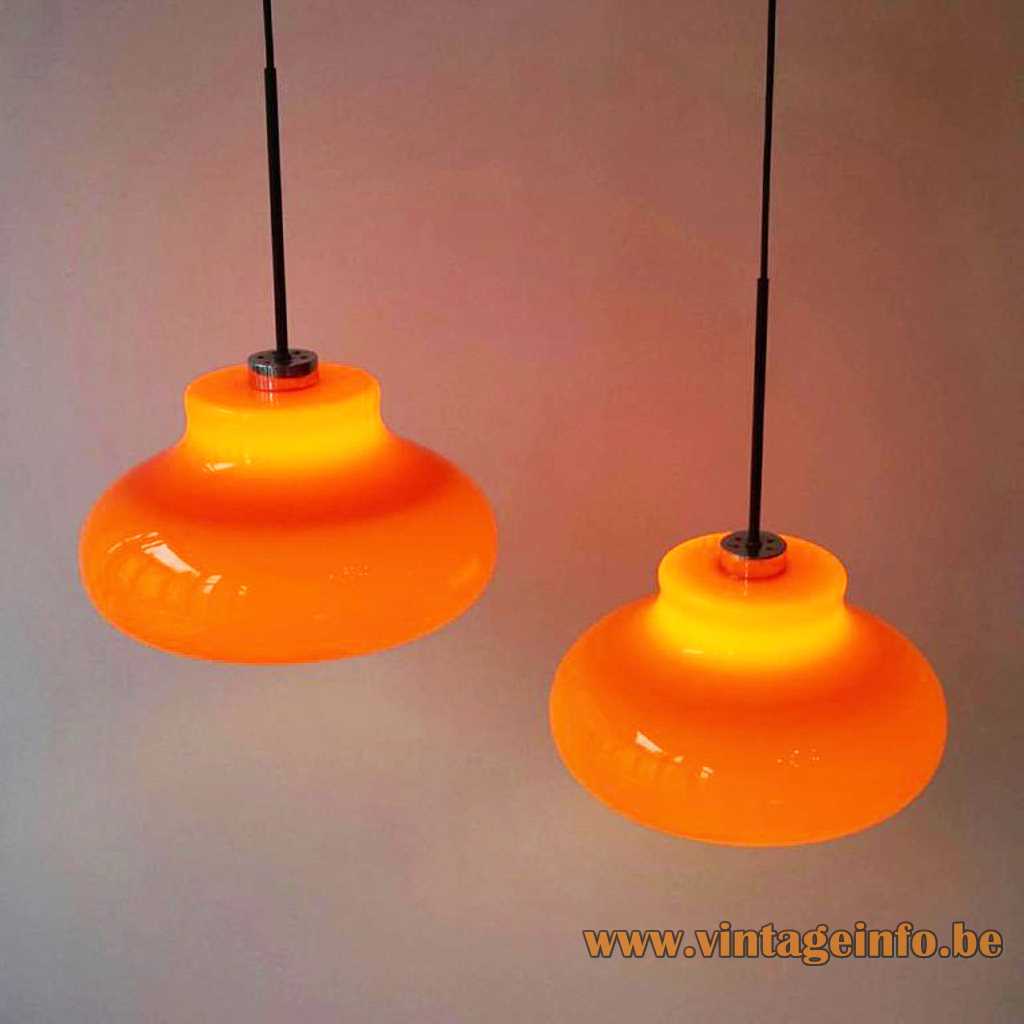 1970s orange glass pendant lamp hand blown round curved lampshade chrome lid Massive Belgium E27 socket
