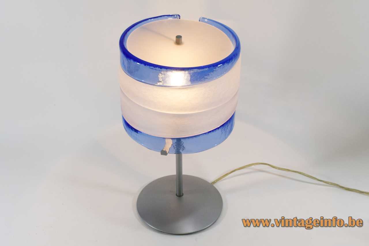 AV Mazzega Riflessi table lamp round base hand blown blue & white glass lampshade 2000s Murano Italy