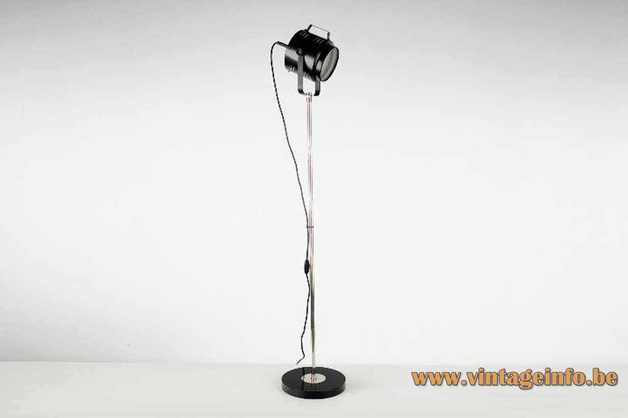 Baum Leuchten floor lamp round black base chrome rod adjustable theatre spotlight lampshade 1970s Germany