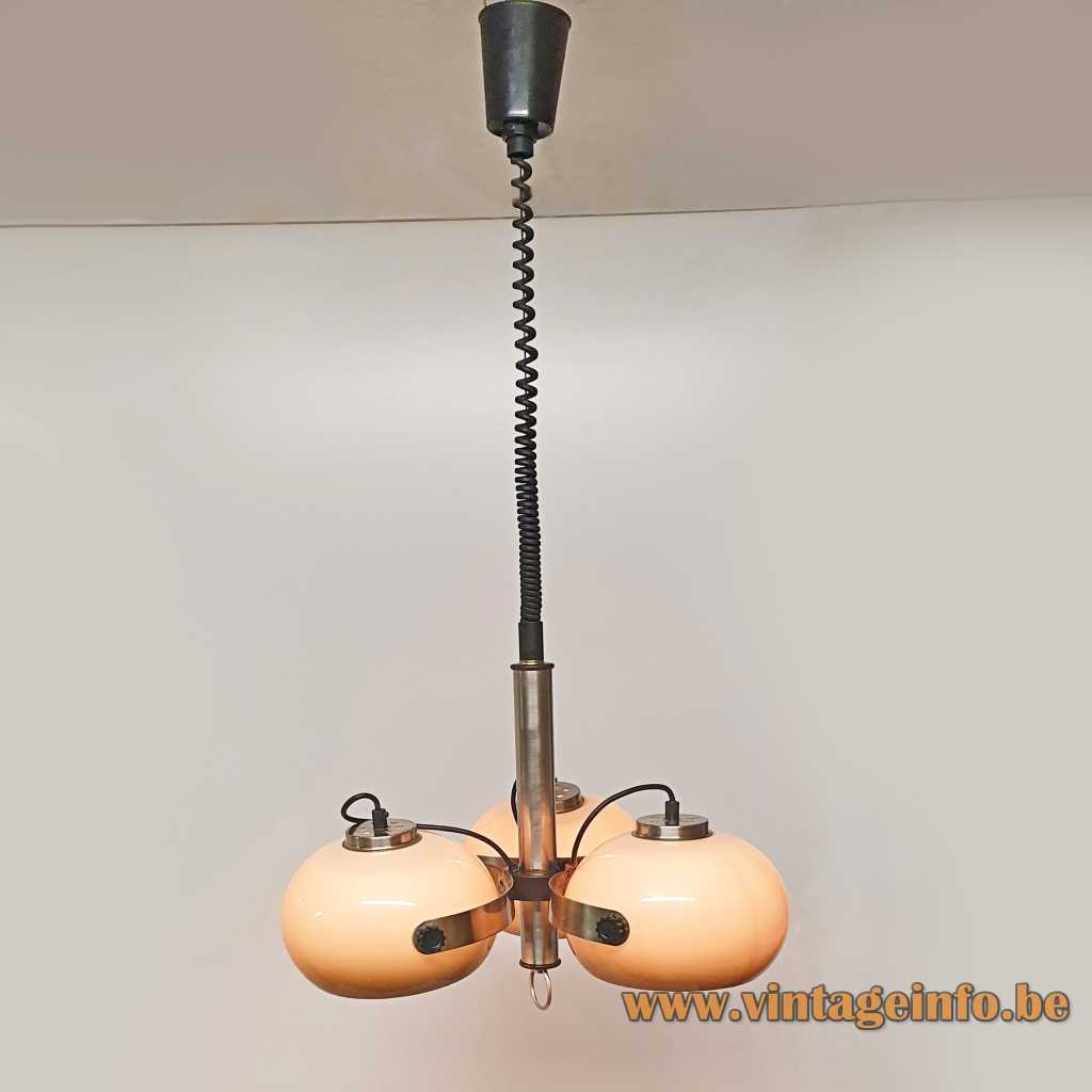 Brown acrylic globes pendant lamp adjustable 3 plastic sphere lampshades 1970s Massive Belgium E27 sockets