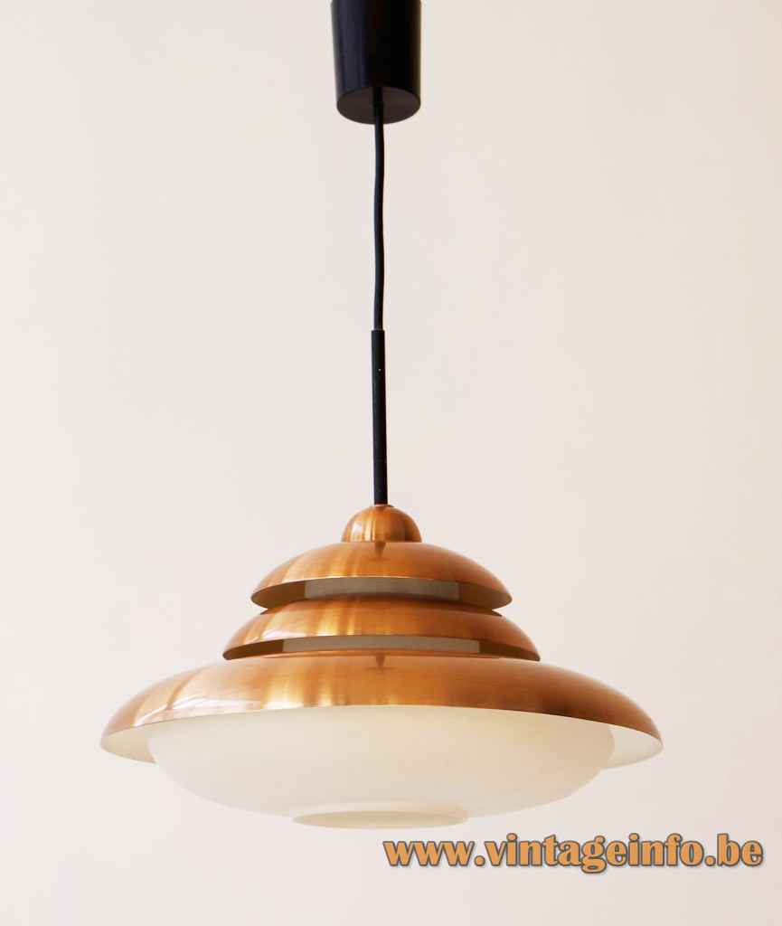 DORIA copper pendant lamp opal glass diffuser round metal triple lampshade 1960s Germany E27 socket
