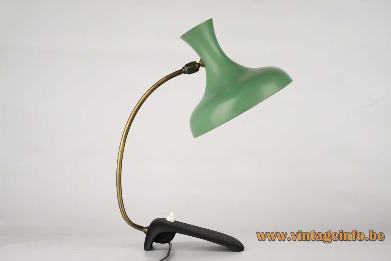 Diabolo Erpé desk lamp mint green aluminium lampshade black cast iron base curved rod 1950s 1960s