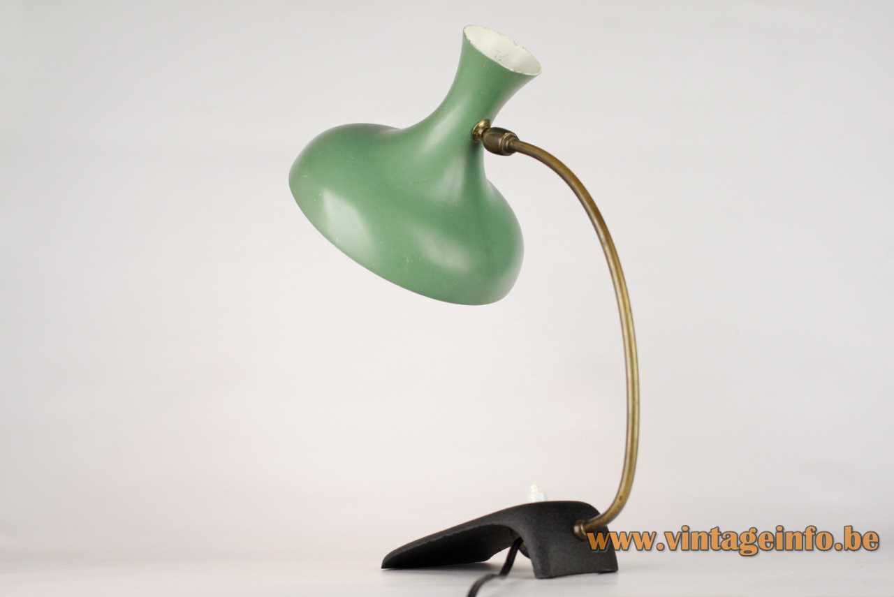 Diabolo Erpé desk lamp mint green aluminium lampshade black cast iron base curved rod 1950s 1960s