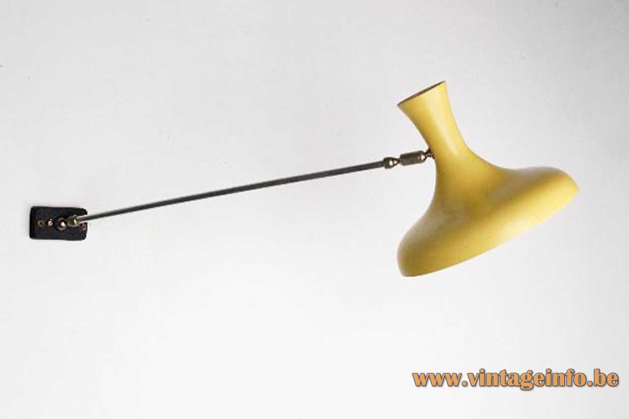 Erpé diabolo wall lamp light yellow lampshade long chrome rod metal mount 1950s 1960s Belgium