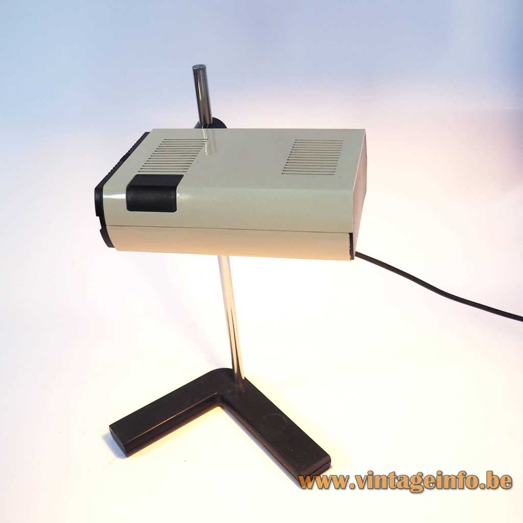 Manade SAMP desk lamp cast iron L-base chrome rod rectangular beam lampshade 1970s France