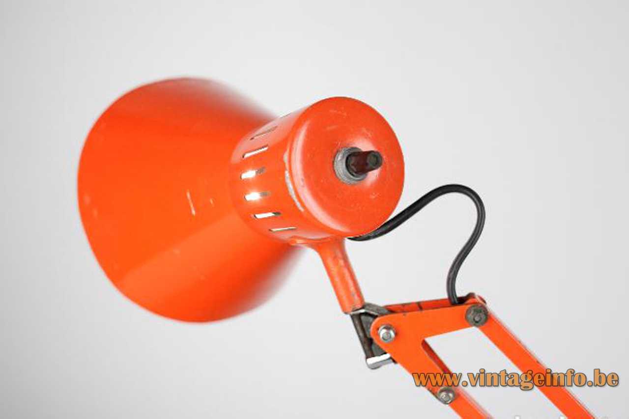 Metalarte architect clamp lamp orange square rods chrome springs conical lampshade 1960s 1970s Spain E27 socket