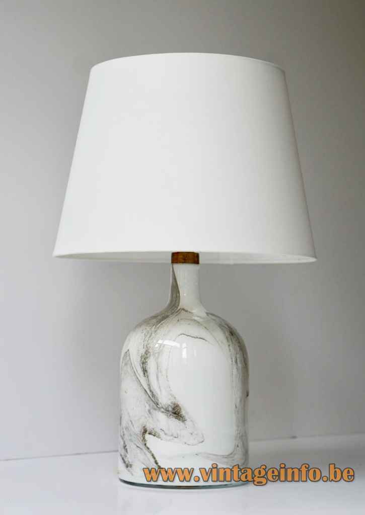  Michael Bang Holmegaard table lamp hand blown opal glass base conical fabric lampshade 1972 design Denmark
