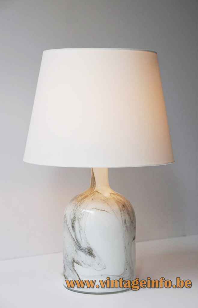  Michael Bang Holmegaard table lamp hand blown opal glass base conical fabric lampshade 1972 design Denmark