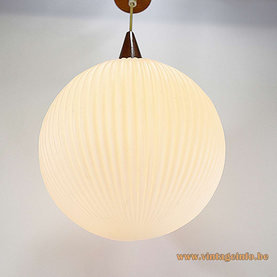 Opal glass globe pendant lamp ribbed white sphere conical wood 1950s 1960s Massive Belgium E27 socket